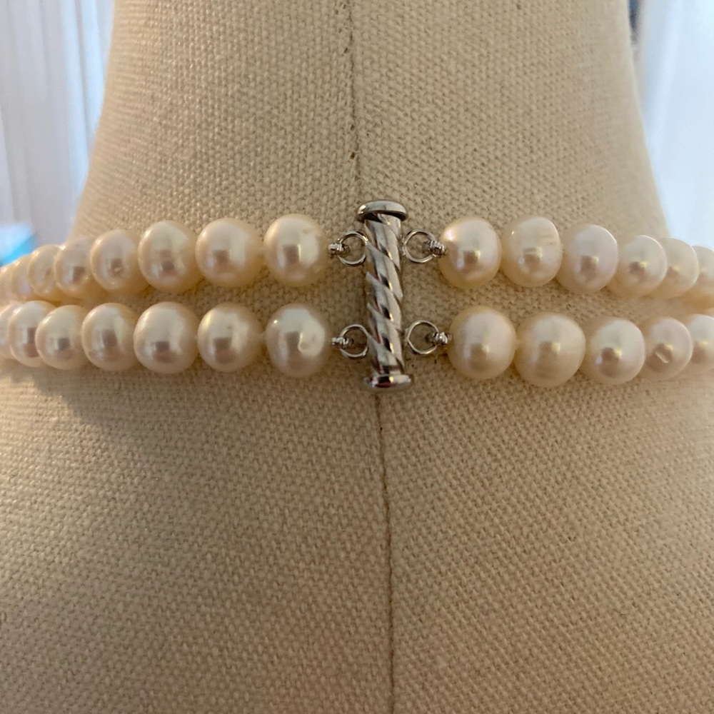 CULTURED FRESHWATER PEARL Double Strand Sterling Silver Clasp 20" Inch - Picture 6 of 11